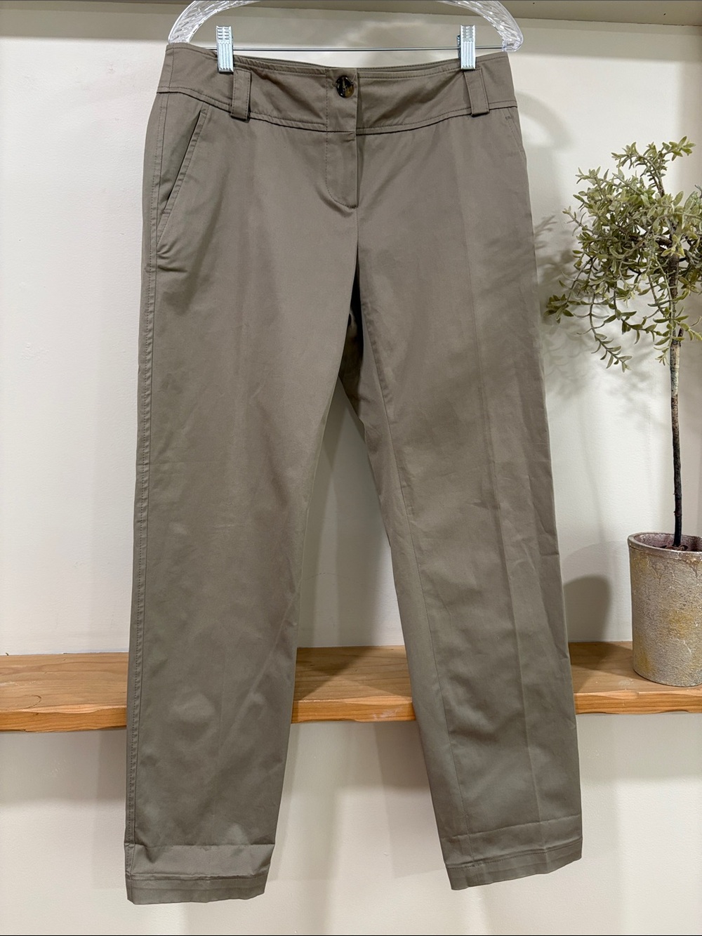 Max Mara Weekend Classic Straight Leg Stretch Cotton Khaki Pants, Size 12